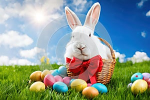 Little white rabbit and colored eggs in a basket on spring green grass. Cute bunny. Easter egg hunt with pet bunny