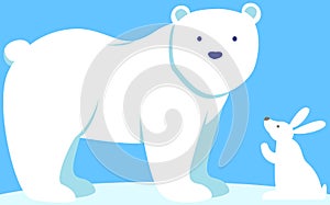 Little white rabbit is looking at large polar bear. Animals in wild in low temperature climate