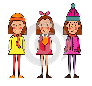 Little winter kids schoolgirls isolated on white vector cartoon