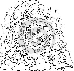 Little witch cat, coloring book for children, outline illustration