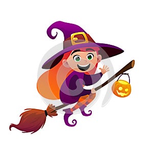 A little witch flies on broom on white background