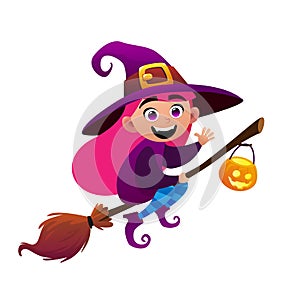 A little witch flies on broom on white background