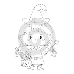 Little Witch with Magic Wand and Candy Bucket Colorless