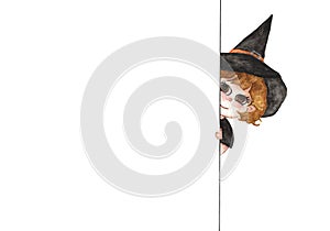 Little witch peeking out behind wall, Children posing with a white board Isolated on white background.