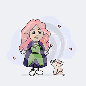 Little witch with pink hair and piggy, Charming girl with pet, Halloween character