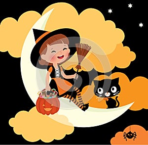 Little witch riding on the moon on Halloween night