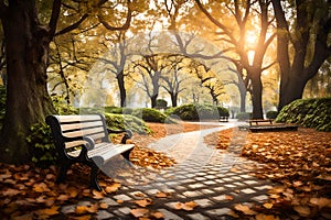 The little wooden bench is empty and situated on a white pathway that is covered in leaves