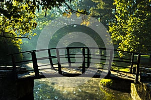 Little wooden bridge on first sunrays at morning in Topcider park