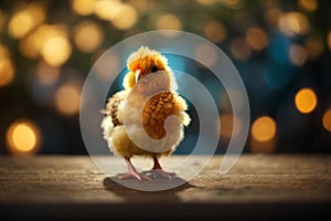 Little yellow baby chick on blurred bokeh background. Concept happy easter day