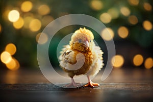 Little yellow baby chick on blurred bokeh background. Concept happy easter day