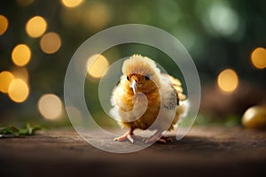 Little yellow baby chick on blurred bokeh background. Concept happy easter day