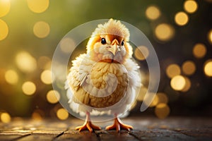 Little yellow baby chick on blurred bokeh background. Concept happy easter day