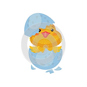 Little yellow cartoon chicken hatched from an egg. Vector illustration on white background.