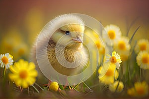 Little yellow chicken on meadow background