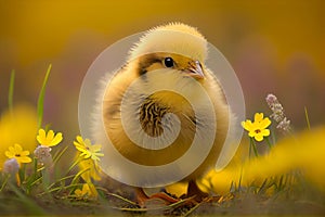 Little yellow chicken on meadow background