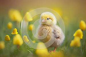 Little yellow chicken on meadow background