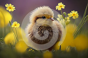 Little yellow chicken on meadow background