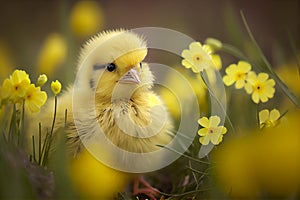 Little yellow chicken on meadow background