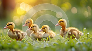Little yellow ducklings run along the green bright grass
