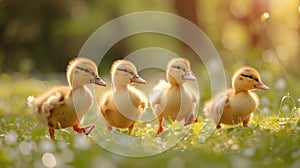 Little yellow ducklings run along the green bright grass