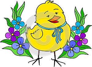 Little yellow easter chick with flowers