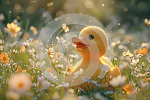 Little yellow rubber duck bath toy on spring meadow with flowers in sunny day. Creative funny Easter concept
