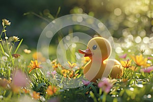 Little yellow rubber duck bath toy on spring meadow with flowers in sunny day. Creative funny Easter concept