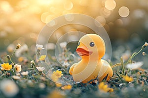 Little yellow rubber duck bath toy on spring meadow with flowers in sunny day. Creative funny Easter concept