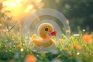 Little yellow rubber duck bath toy on spring meadow with flowers in sunny day. Creative funny Easter concept