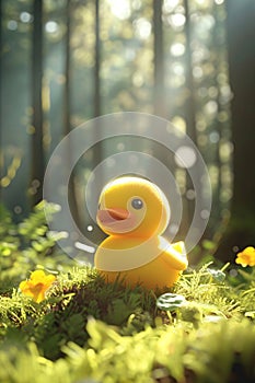 Little yellow rubber duck bath toy on spring meadow with flowers in sunny day. Creative funny Easter concept