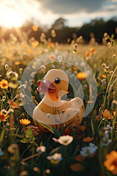 Little yellow rubber duck bath toy on spring meadow with flowers in sunny day. Creative funny Easter concept
