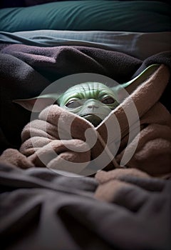 Little yoda lies in bed under the covers. AI Generated