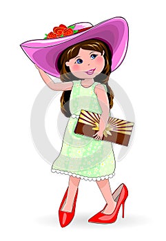Girl in shoes and ladies' hat. Little fashion-girl photo