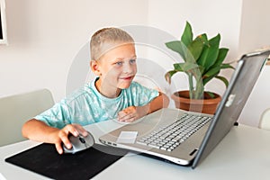 Little young school boy working at home with a laptop and class notes studying in a virtual class