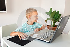 Little young school boy working at home with a laptop and class notes studying in a virtual class