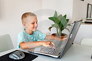 Little young school boy working at home with a laptop and class notes studying in a virtual class