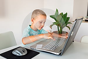 Little young school boy working at home with a laptop and class notes studying in a virtual class