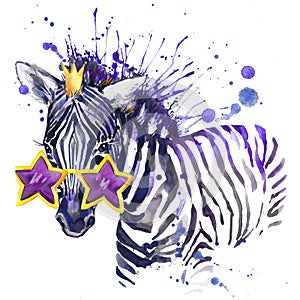 little zebra T-shirt graphics. little zebra illustration with splash watercolor textured background. unusual illustration waterc