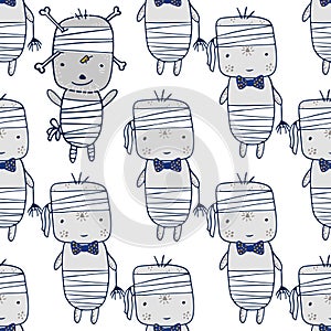 Little zombie mummies. Happy Halloween. Seamless pattern. Vector