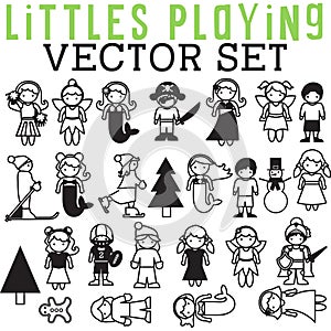 Littles Playing Vector Set with dress up girls and boys in costumes and outfits.