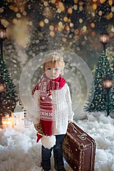 Littlw toddler child with suitcase and little gingerman toy in hand, walking in a snowy forest, christmas picture