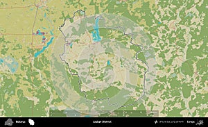 Liuban District outlined, Belarus. Topographic Humanitarian