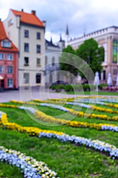 Liv Square in the old town of Riga in spring. Blurry photo