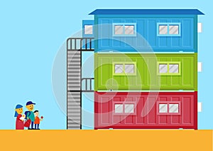 Livable Shipping Container Home for the homeless or immigrants. Editable Clip Art.