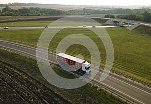 live animal transport truck move on road aeral view