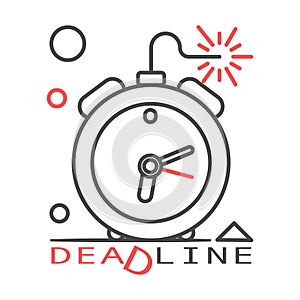 Live bomb in shape of alarm clock with text Deadline. Time management concept. Flat style illustration.