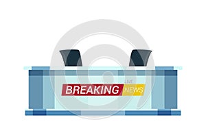 Live breaking news flat vector illustration. TV studio interior. Television news program background