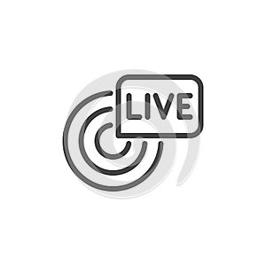 Live broadcast icon. Reportage, webcast symbol. Online tv, radio channel emblem. Camera sgin and inscription in bubble photo