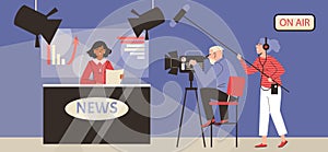 Live broadcasting breaking tv news from television studio a vector illustration.