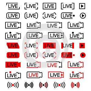 Live broadcating icon. Set of live streaming icons. Black and red symbols for streaming, record, online stream, show. Editable